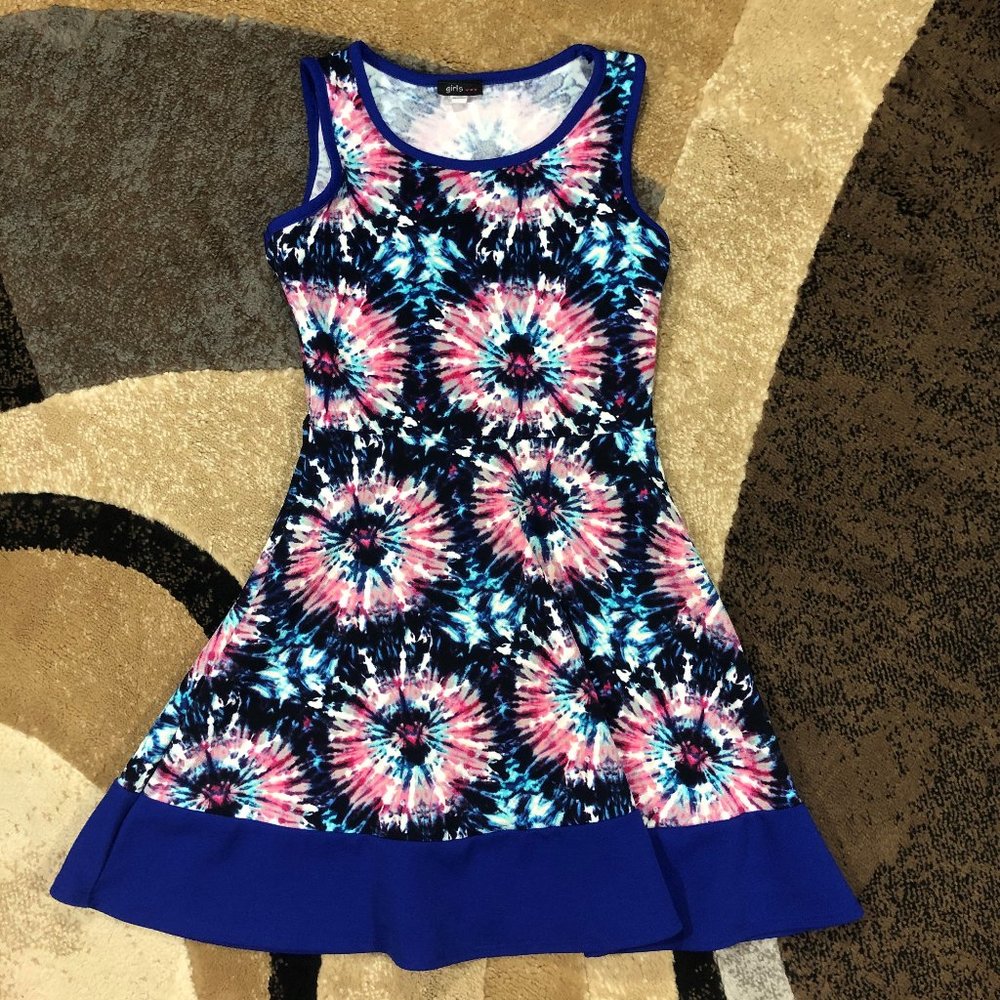 Girls Blue Sleeveless Tie Dye Dress, Size M (10-12